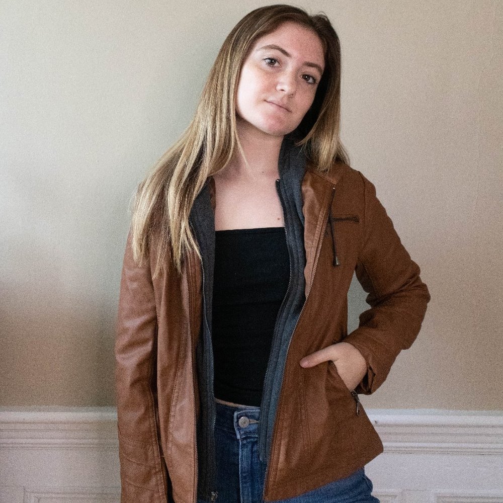 Faux leather jacket with stitched-in hood